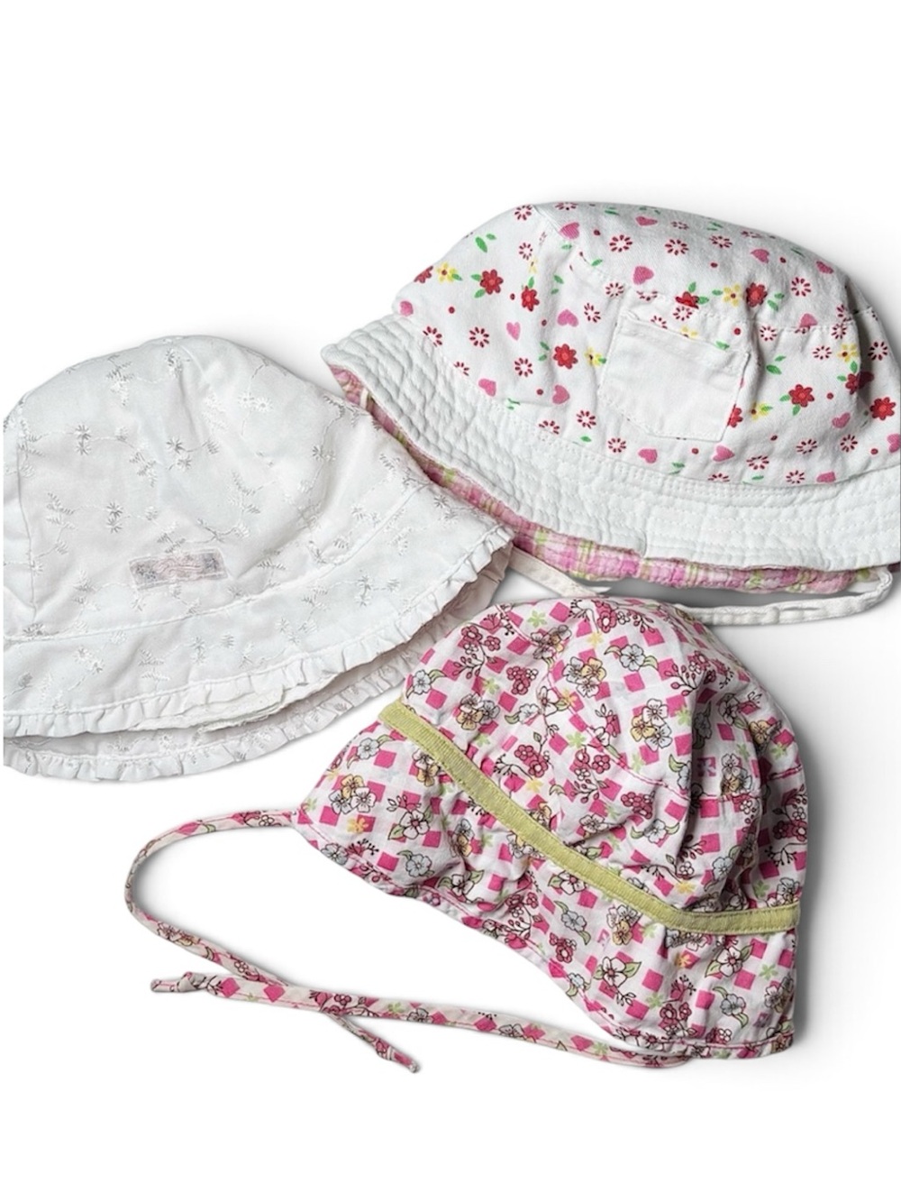 Vintage Coquette Floral Eyelet & Gingham Bucket Hat & Bonnet Set 3pc 12M-24M
